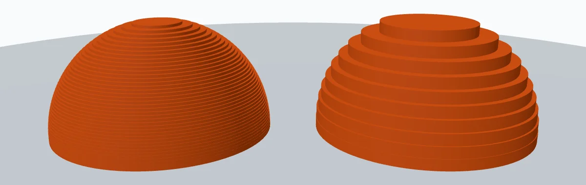 Dos cúpulas iguales en render 3D: la izquierda con capas finas y superficie casi lisa, la derecha con capas gruesas y escalones marcados